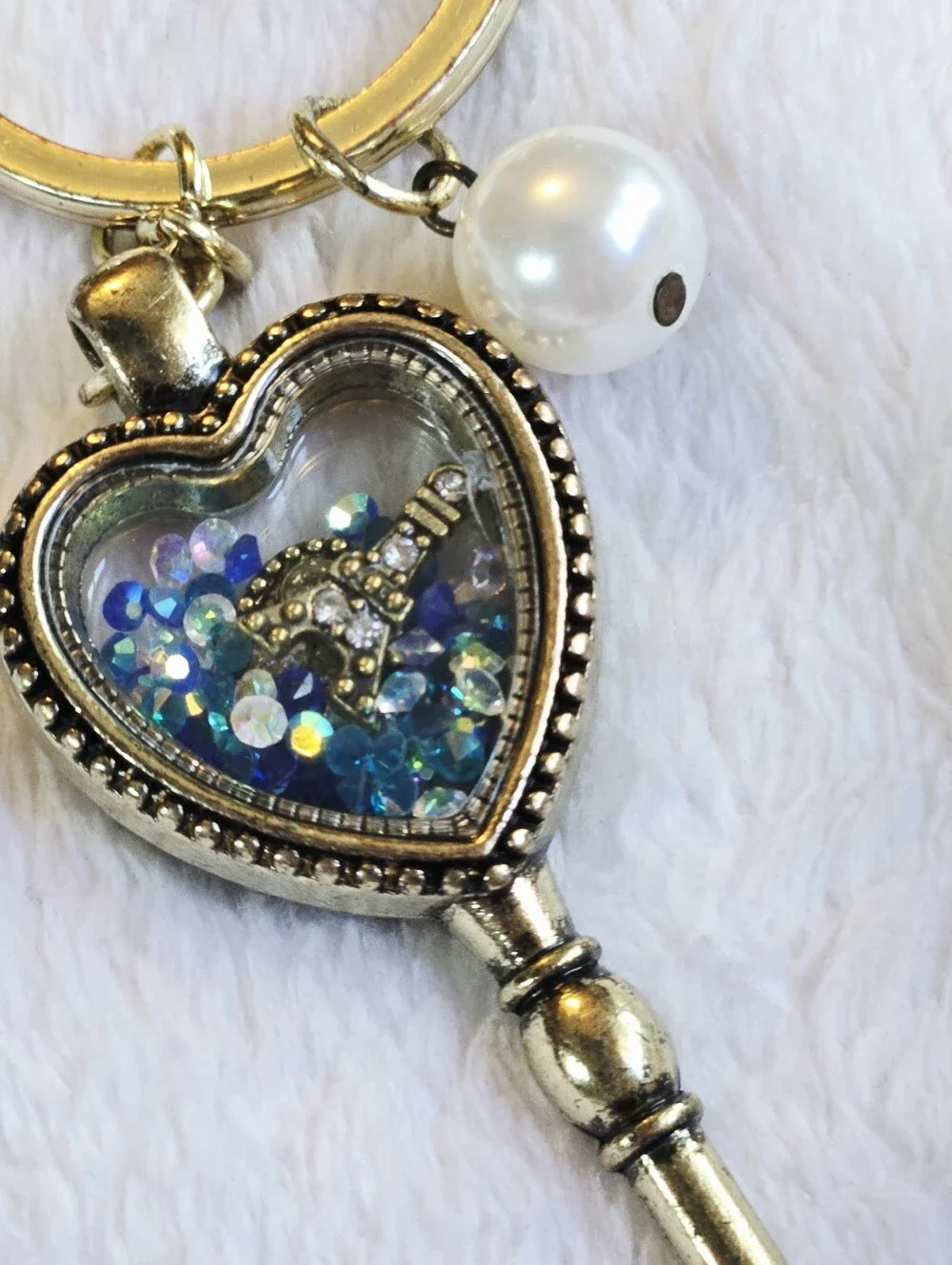 Gold Shaker Heart Key Charm Keychain with Blue Accent